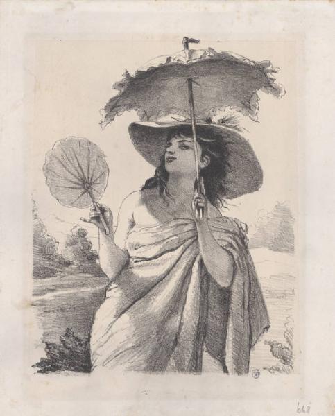 Figura femminile con cappello, ombrellino e ventaglio