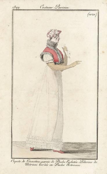 Costume Parisien. Capote de Lévantine, garnie de Pluche Tachetée. Pélerine de Mérinos bordée en Pluche Astracan