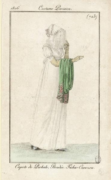Costume Pariesien. Capote de Perkale, Brodée. Fichu-Canezou