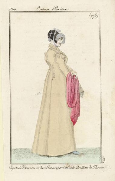 Costume Pariesien.Capote de Velours sur un Demi-Bonnet, garni de Tulle. Douillette de Florence