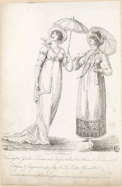 Correct Sketches of Kensiongton Garden Promenade dresses taken from the most fashionable Costumes & Engraved expressly for La Belle Assemblée