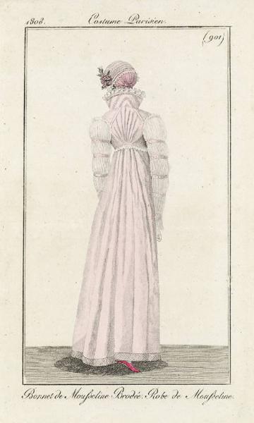 Costume Parisien.Bonnet de Mousseline, Brodée. Robe de Mousseline
