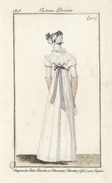 Costume Parisien. Chapeaux de Paille Blanche, en Colimaçon, Colerette plissée à gros Tuyaux