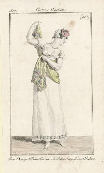Costume Parisien. Bonnet de Crepe et Rubans. Garniture de Robe en Crepe, fleurs et Rubans
