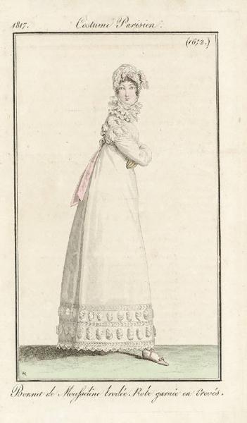 Costume Parisien. Bonnet de Mousseline brodée. Robe garnie en Crevés