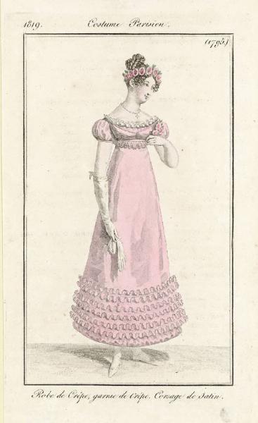 Journal des Dames et des Modes. Costume Parisien. Robe de Crêpe, garnie de Crêpe. Corsage de Satin