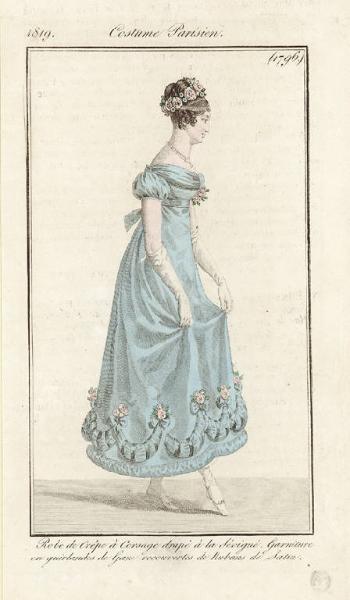 Journal des Dames et des Modes. Costume Parisien. Robe de Crêpe à Corsage drapé à la Sevigné. Garniture en guirlandes de Gaze recouvertes de Rubans de Satin