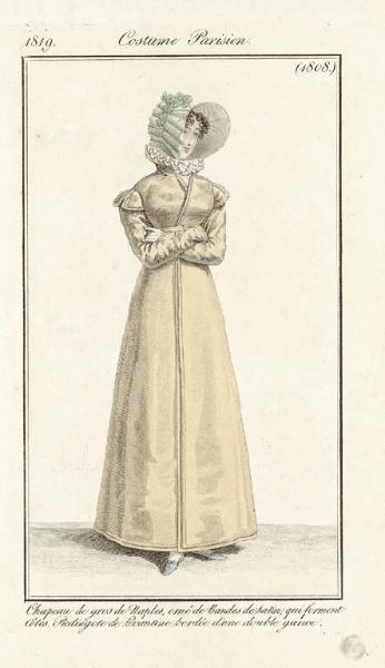 Journal des Dames et des Modes. Costume Parisien. Chapeau de gros de Naples, orné de Bandes de satin, qui forment Côtes Redingote de Levantine bordée d'une double gance.