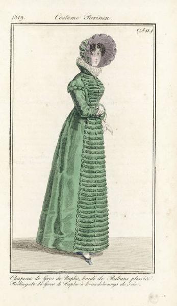 Journal des Dames et des Modes. Costume Parisien. Chapeau de Gros de Naples, bordé de Rubans plissé. Redingote de Gros de Naples à Brandebourgs de soie