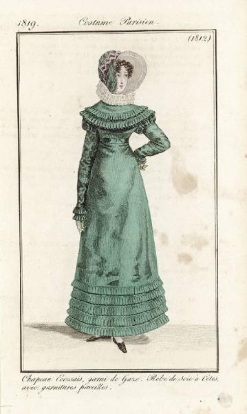Journal des Dames et des Modes. Costume Parisien. Chapeau Ecossais, garni de Gaze. Robe de soie à Côtes, avec garnitures pareilles