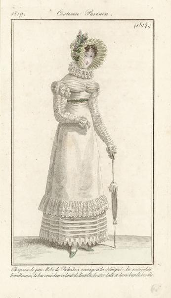 Journal des Dames et des Modes. Costume Parisien. Chapeau de gaze. Robe de Perkale à corsage à la Sévigné: les manches bouillonnées, le bas orné d'un volant de déntelle, dentre deux et d'une bande brodée