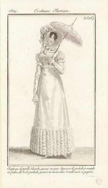 Journal des Dames et des Modes. Costume Parisien. Chapeau de paille blanche, garni en gaze. Canezou de perkale, à remplis en fichu. Robe de perkale, garnie en mousseline bouillonnée et piquée