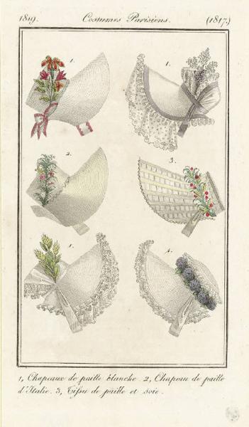 Journal des Dames et des Modes. Costumes Parisiens. 1, Chapeaux de paille blanche. 2, Chapeau de paille D'Italie. 3, Tissu de paille et soie
