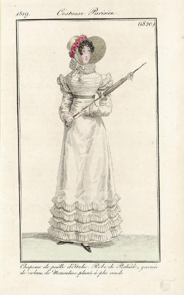 Journal des Dames et des Modes. Costume Parisien. Chapeau de paille d'Italie. Robe de Perkale, garnie de volans de Mousseline plissés à plis ronds