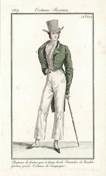 Journal des Dames et des Modes. Costume Parisien. Chapeau de feutre gris à large bord. Pantalon de Nankin. Guêtres grises. Costume de Campagne