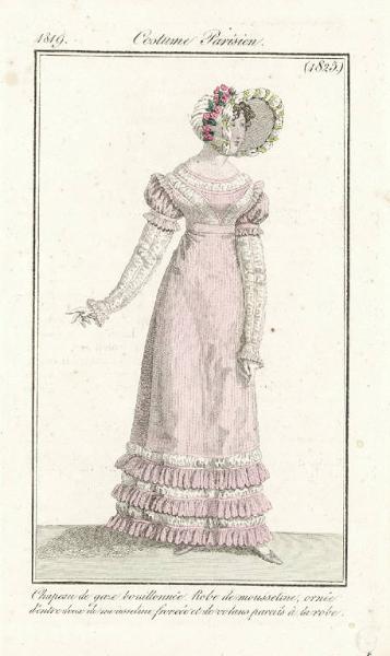 Journal des Dames et des Modes. Costume Parisien. Chapeau de gaze bouillonnée. Robe de mousseline, ornée d'entre deux de mousseline froncée et de volans pareils à la robe