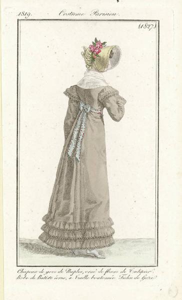 Journal des Dames et des Modes. Costume Parisien. Chapeau de gros de Naples, orné de fleurs de Tulipier. Robe de Batiste ècrue, à Taille boutonnée. Fichu de Gaze