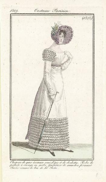 Journal des Dames et des Modes. Costume Parisien. Chapeau de gaze écossaise orné d'epis et de clochettes. Robe de perkale à corsage en gerbe. Guarniture de manches formant Ruche comme le bas de la Robe