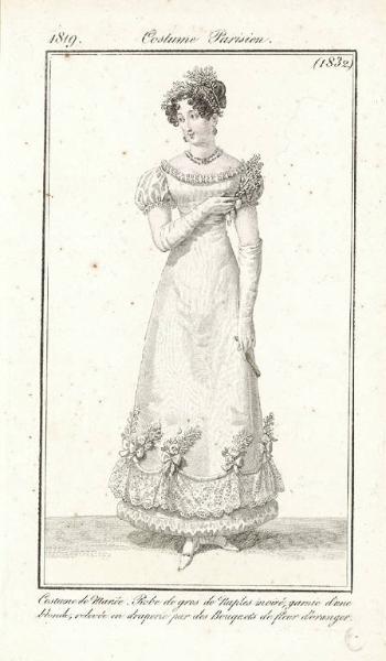 Journal des Dames et des Modes. Costume Parisien. Costume de Mariée. Robe de gros de Naples moiré, garnie d'une blonde, relevée en draperie par des Bouquets de fleur d'oranger