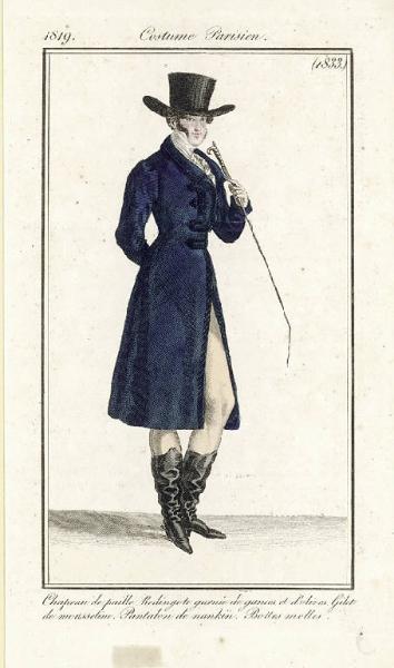 Journal des Dames et des Modes. Costume Parisien. Chapeau de paille. Redingote garnie de gances et d'olives. Gilet de mousseline. Pantalon de nankin. Bottes molles