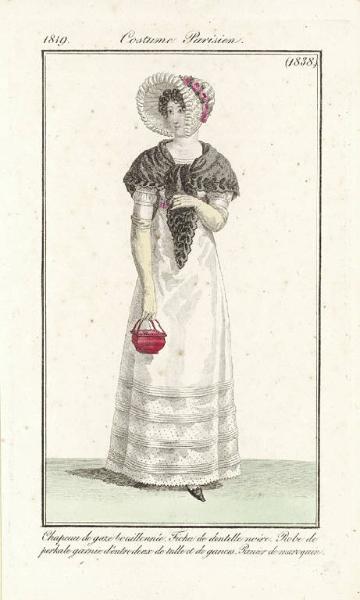 Journal des Dames et des Modes. Costume Parisien. Chapeau de gaze bouillonnée. Fichu de dentelle noire. Robe de perkale garnie d'entre deux de tulle et de gances. Panier de maroquin