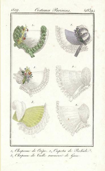 Journal des Dames et des Modes. Costumes Parisiens. 1, Chapeaux de Crêpe. 2, Capotes de Perkale. 3, Chapeau de Tulle recouvert de Gaze