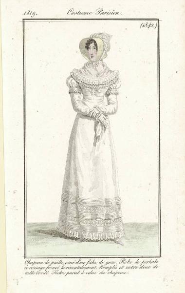 Journal des Dames et des Modes. Costume Parisien. Chapeau de paille, orné d'un fichu de gaze. Robe de perkale à corsage froncé horizontalement. Remplis et entre deux de tulle brodé. Fichu pareil à celui du chapeau