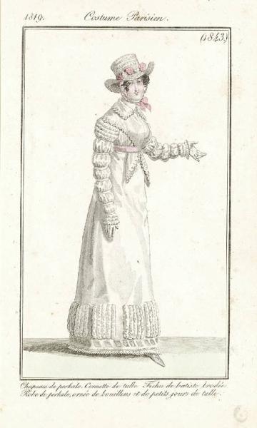 Journal des Dames et des Modes. Costume Parisien. Chapeau de perkale. Cornette de tulle. Fichu de batiste brodée. Robe de perkale, ornée de bouillons et de petits jours de tulle