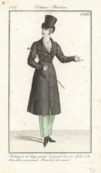 Journal des Dames et des Modes. Costume Parisien. Redingote de drap, garnie de gances de soie. Gilet à la Chevaliere, en casimir. Pantalon de casimir