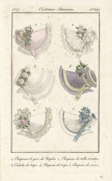 Journal des Dames et des Modes. Costumes Parisiens. 1, Chapeaux de gros de Naples. 2, Chapeau de tulle et satin. 3, Calèche de Crêpe. 4, Chapeau de Crêpe. 5, Chapeau de satin