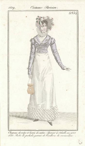 Journal des Dames et des Modes. Costume Parisien. Chapeau de crêpe et liserés de satin. Spencer à schall, en gros d'été. Robe de perkale, garnie de bouillons de mousseline