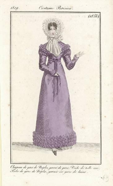 Journal des Dames et des Modes. Costume Parisien. Chapeau de gros de Naples, garni de gaze.Voile de tulle uni. Robe de gros de Naples, garnie en gaze de laine