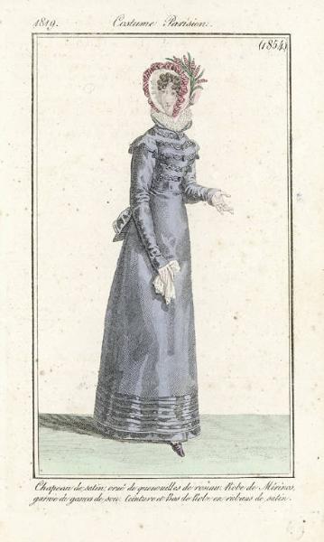 Journal des Dames et des Modes. Costume Parisien. Chapeau de satin, orné de quenouilles de roseau. Robe de Mérinos, garnie de gances de soie. Ceinture et Bas de Robe en rubans de satin