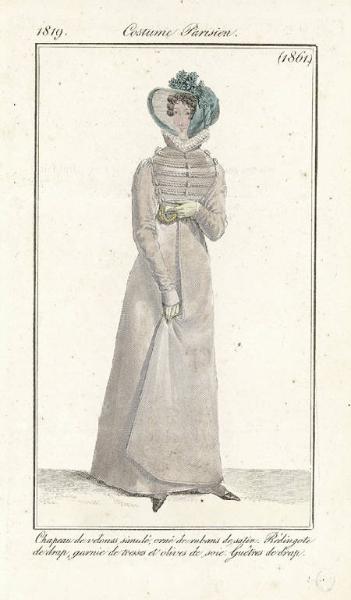 Journal des Dames et des Modes. Costume Parisien. Chapeau de velours simulé, orné de rubans de satin. Rédingote de drap, garnie de tresses et olives de soie. Guêtres de drap