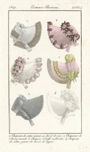 Journal des Dames et des Modes. Costumes Parisiens. 1, Chapeaux de satin garnis en duvet de soie. 2, Chapeaux de velours simulé. 3. Chapeau d'étoffe cailloutée. 4, Chapeau de satin, garni de duvet de Cygne