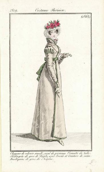 Journal des Dames et des Modes. Costume Parisien. Chapeau de velours simulé, orné de pivoines. Cornette de tulle. Redingote de gros de Naples avec liserés et Ceinture de satin. Brodequins de gros de Naples