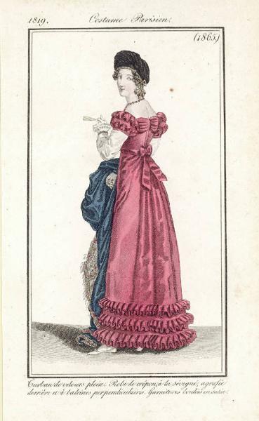 Journal des Dames et des Modes. Costume Parisien. Turban de velours plein. Robe de crêpon, à la Sévigné, agrafée derrière et à baleines perpendiculaires. Garnitures bordées en satin