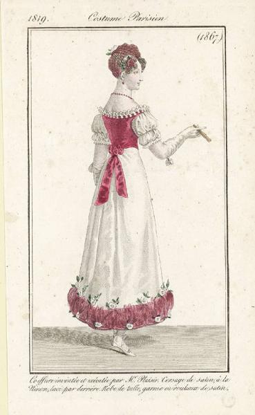 Journal des Dames et des Modes. Costume Parisien. Coeffure inventée et exécutée par Mr. Plaisir. Corsage de satin, à la Ninon, lacé par derrière. Robe de tulle, garnie en rouleaux de satin