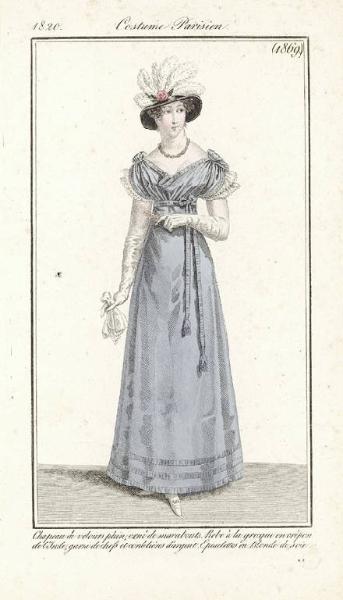 Journal des Dames et des Modes. Costume Parisien. Chapeau de velours plein, orné de marabouts. Robe à la grecque en crèpon de l'Inde, garni de chefs et cordelières d'argent. Epaulettes en Blonde de soie