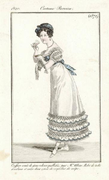 Journal des Dames et des Modes. Costume Parisien. Coeffure ornée de gaze-velours paillettée, par Mr. Albin. Robe de tulle à volans et entre deux ornés de coquilles de crêpe