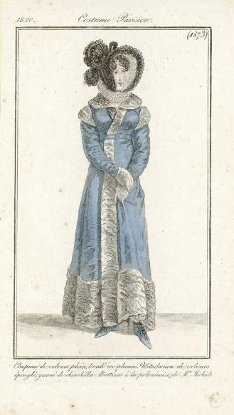 Journal des Dames et des Modes. Costume Parisien. Chapeau de velours plein, bordé en plumes. Witzchoura de velours épinglé, garni de chinchilla. Bottines à la polonnaise, de Mr. Michiels