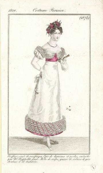 Journal des Dames et e des Modes. Costume Parisien. Coeffure ornée de saxifrages, Epis de diamans et perles, exécutée par Mr. Hippolite jeune. Robe de crêpe , garnie de rubans de gaze. Souliers à la Batelière