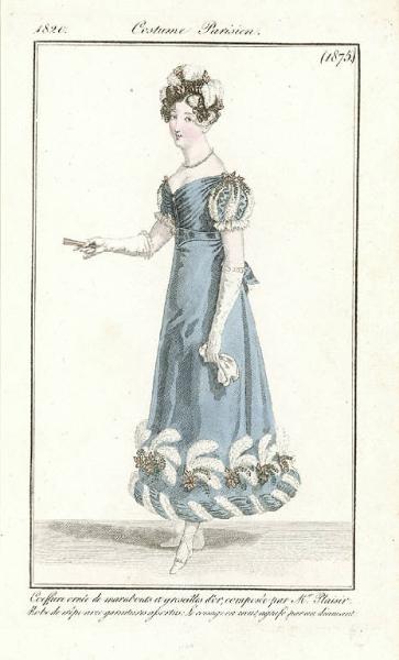 Journal des Dames et des Modes. Costume Parisien. Coeffure ornée de marabouts et groseilles d'or, composée par Mr. Plaisir. Robe de crêpe avec garnitures assorties. Le corsage en coeur, agrafé par un diamant