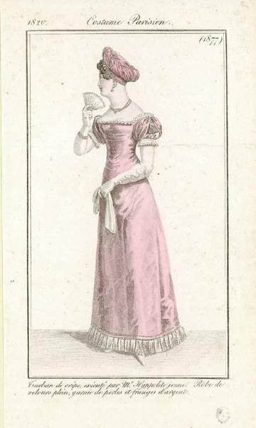 Journal des Dames et des Modes. Costume Parisien. Turban de crêpe, exécuté par Mr. Hippolite jeune. Robe de velours plein, garnie de perles et franges d'argent