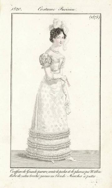 Journal des Dames et des Modes. Costume Parisien. Coeffure de Grande parure, ornée de perles et de plumes par Mr. Albin. Robe de satin broché, garnie en blonde. Manches à pattes