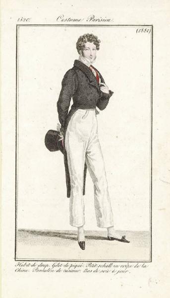 Journal des Dames et des Modes. Costume Parisien. Habit de drap. Gilet de piqué. Petit schall en crêpe de la Chine. Pantalon de casimir. Bas de soie à jour