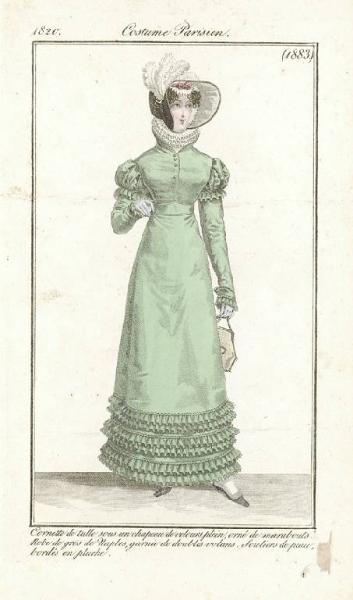 Journal des Dames et des Modes. Costume Parisien. Cornette de tulle sous un chapeau de velours plein, orné de marabouts. Robe de gros de Naples, garnie de doubles volans. Souliers de peau, bordés en pluche