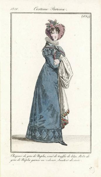 Journal des Dames et des Modes. Costume Parisien. Chapeau de gros de Naples, orné de touffes de lilas. Robe de gros de Naples garnie en velours. Sautoir de soie