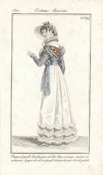 Journal des Dames et des Modes. Costume Parisien. Chapeau de paille blanche, garni de lilas blanc et rouge. Sautoir de cachemire. Spencer de velours épinglé. Ceinture de satin. Robe de perkale