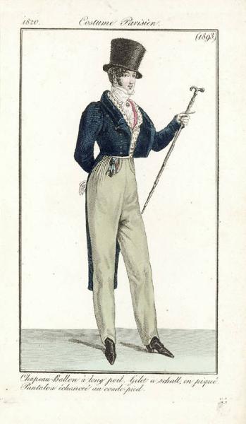 Journal des Dames et des Modes. Costume Parisien. Chapeau -Ballon à long poil. Gilet à schall, en piqué. Pantalon échancré au coude-pied